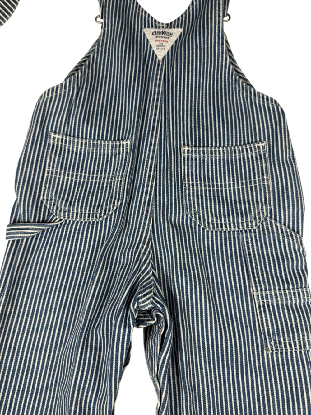 OshKosh B'Gosh Train Conductor Blue White Hickory Stripe Overalls 18M Hat 2T-4T - Picture 5 of 11